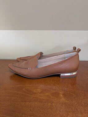 Franco Sarto Susie Tan Leather Chrome Heel Pointed Toe Loafers Flat Shoes 8.5